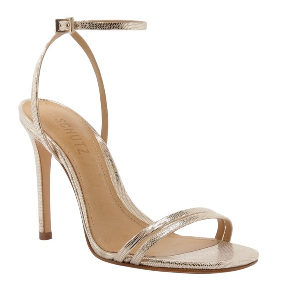 SCHUTZ Shoes - Schutz Altina Embossed Leather Sandal Heel Platina Gold Size 8 Metallic Party